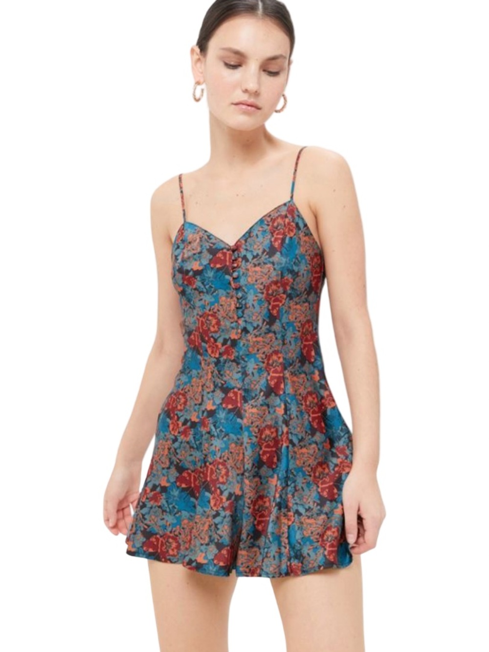 Urban Outfitters Teal Rust Fall Floral Satin Mini Romper Medium Party Coquette